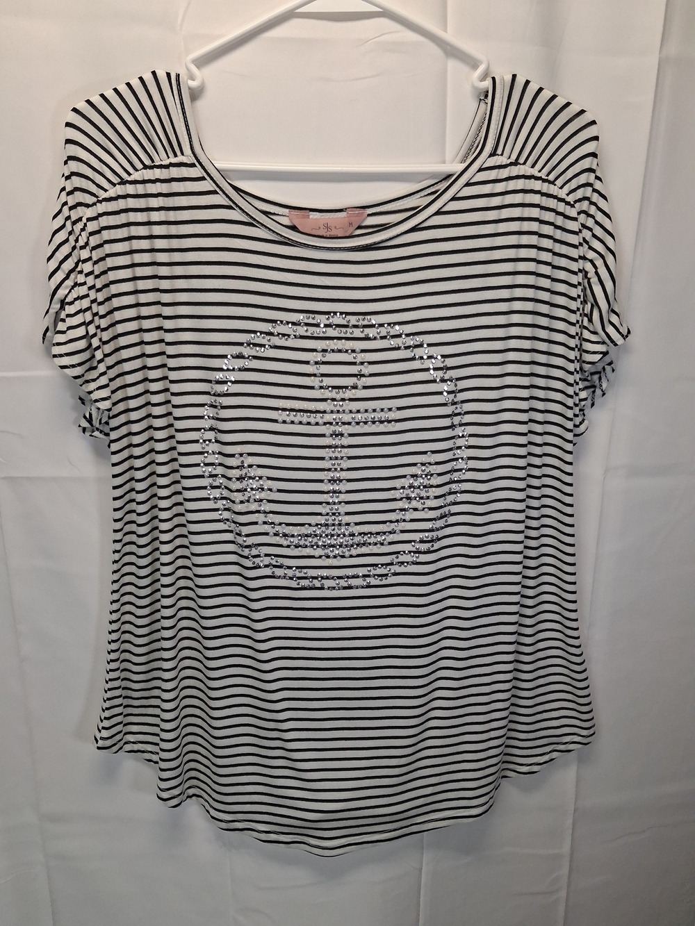SJS Black & White Striped Short-Sleeve Tee with Rhinestone Anchor